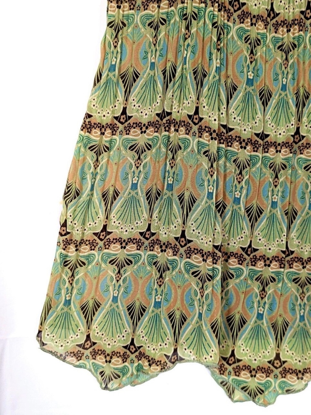 Dressbarn Accordion Skirt, Scallop Hem, Sz 12, Green/Brown Art Nouveau